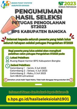 Pengumuman Hasil Seleksi Calon Petugas Pengolahan ST2023 BPS Kabupaten Bangka