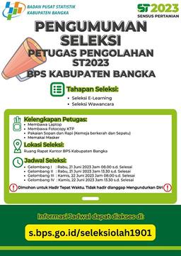 Pengumuman Seleksi Awal Calon Petugas Pengolahan ST2023 BPS Kabupaten Bangka